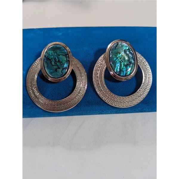 LARGE SILVER ABELONE CLIP ON EARRINGS