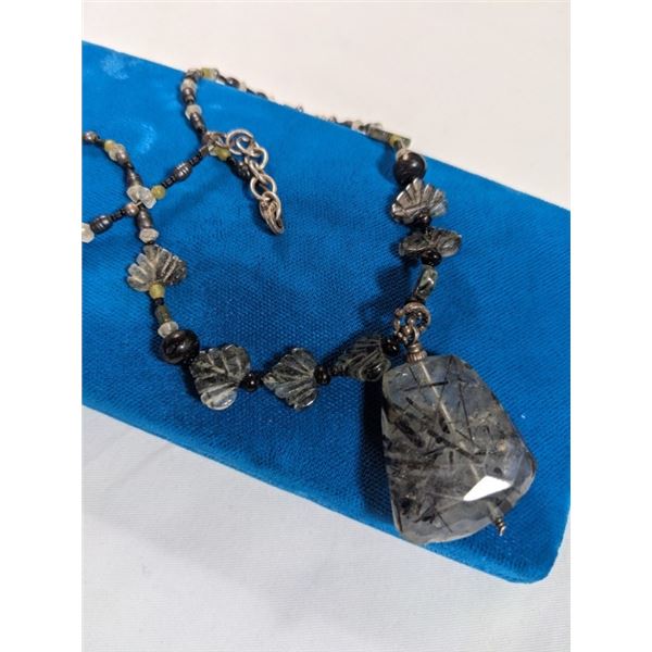 RUTILE QUARTZ STONE PENDANT W/ HAND CARVED RUTILE BEADS, BLACK PEARLS NECKLACE
