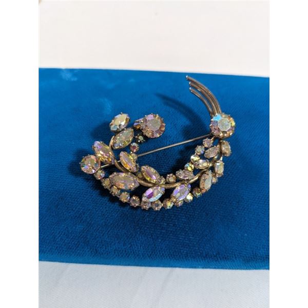 VINTAGE SHERMAN SIGNED BLUEISH AURORA BOREALIS RHINESTONES BROOCH