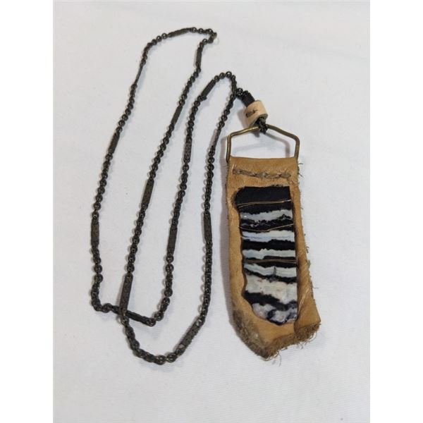 VINTAGE HAND CRAFTED LEATHER W/ GEM STONE PENDANT AND CHAIN NECKLACE