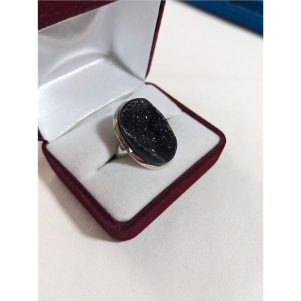 VINTAGE 925 STERLING SILVER W/ BLACK ROCK CRYSTAL STONE RING