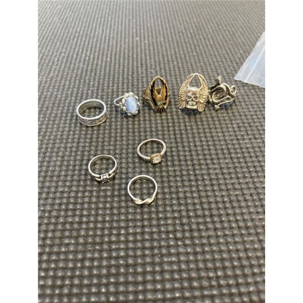 8 ASSORTED SILVER TONE RINGS 3 SMALL RINGS ARE 925