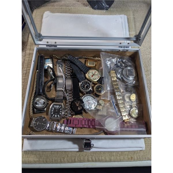 METAL CASE W/ VARIOUS WATCHES, BRACELETS, AND MOVEMENTS