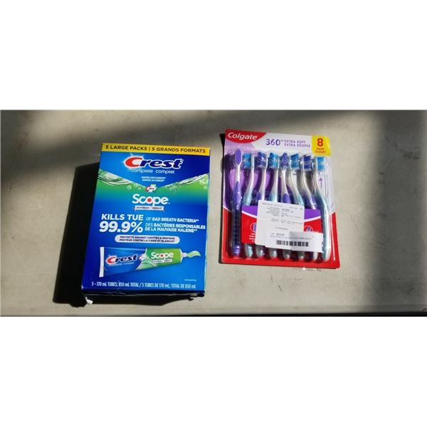 NEW 8 PACK COLGATE TOOTHBRUSHES AND 5 TUBES CREST COMPLETE ADVANCED TOOTHPASTE (170ML PER TUBE)