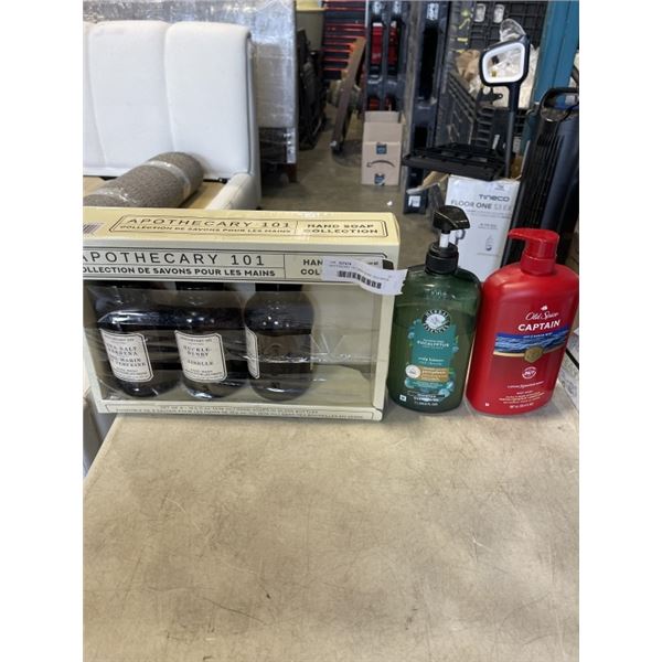 APOTHECARY 101 HAND SOAP, OLD SPICE CAPTAIN BODY WASH, HERBAL ESSENSE SHAMPOO