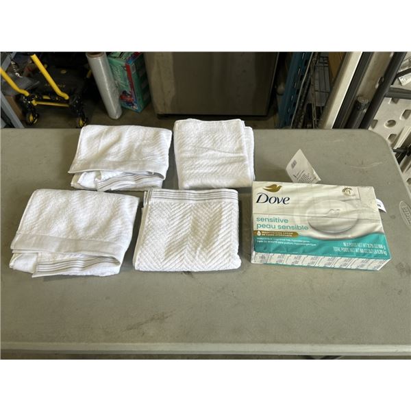 16 BARS DOVE MOISTURIZING CREAM AND 4 CARO HOME COTTON TOWELS