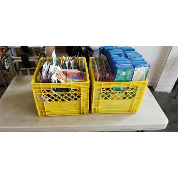 2 MILK CRATES OF SECURITY ENVELOPES, TRANSPARENT TAPE, UTILITY KNIVES, NAPKINS ETC