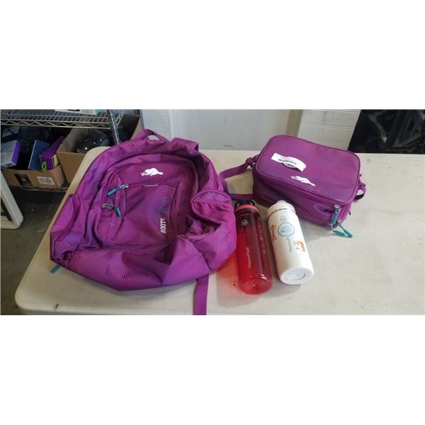 ROOTS BACKPACK AND LUNCHBAG, AND 2 THERMOFLASK WATER BOTTLES