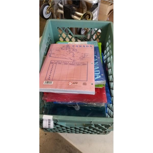 CRATE OF NEW OFFICE SUPPLIES INCLUDING CLIP BOARDS, PAPER ETC
