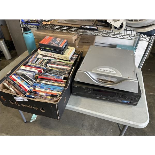 MOON HARBOR CD PLAYER, 5 DISC CHANGER, AND TRAY OF ASSORTED DVDS, CDS ETC