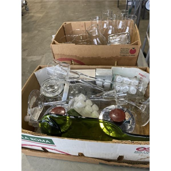 2 BOXES OF DECORATIVE GLASS ITEMS INLCUDING VASES, CANNISTER SET AND MORE