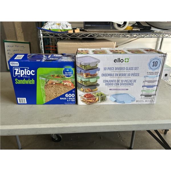ELLO COLOR LOCK 10 PIECE DIVIDED GLASS SET AND 600 ZIPLOC SANDWICH BAGS