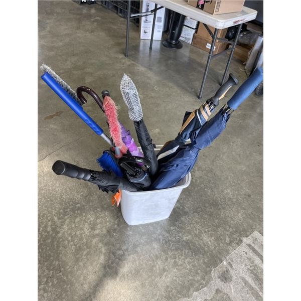 APPROX 10 UMBRELLAS IN PLASTIC BIN