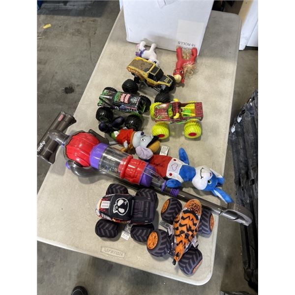 BOX OF TOY CARS, STUFFED ANIMALS, AND A KIDS DYSON