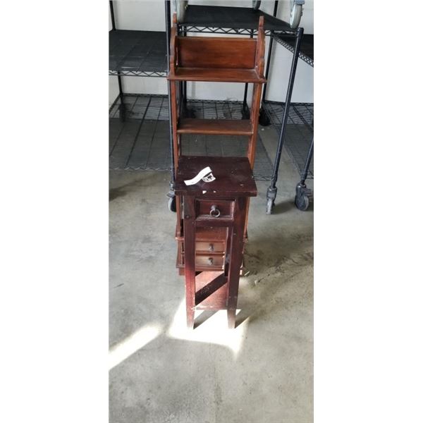 WOODEN DISPLAY SHELF WITH 2 DRAWERS AND A TALL NARROW WOODEN ACCENT TABLE WITH A SINGLE DRAWER