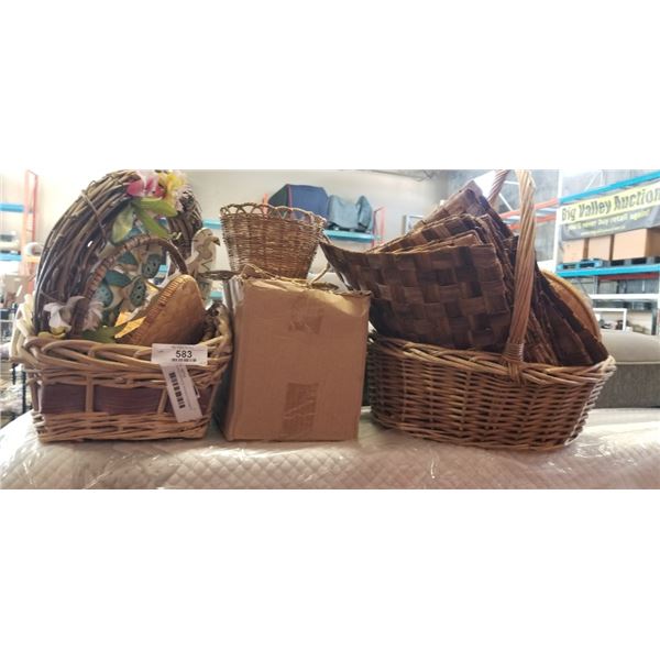 2 WICKER BASKETS, WICKER PLACEMATS, WICKER WELCOME SIGN, BOX OF WICKER DOLLS, ETC