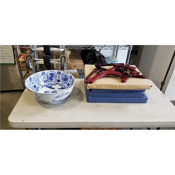 NEW SERVING PLATES AND POTTERY BOWL WITH WOODEN STANDS