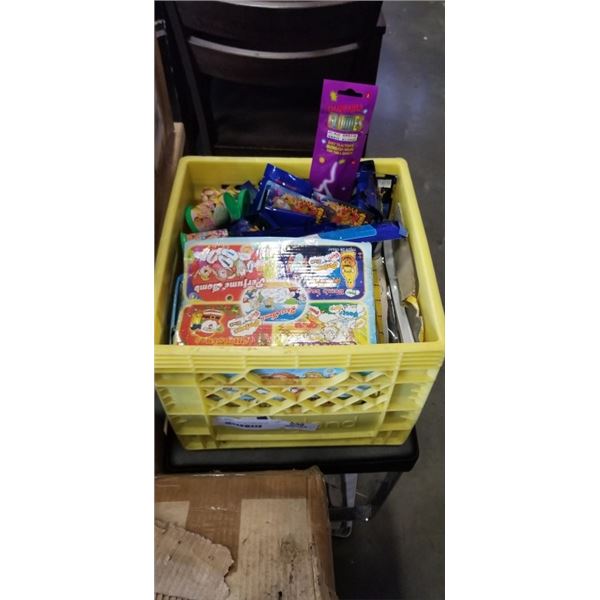 MILK CRATE OF PERFUME BOMBS AND FAN XHY EYEGLASSES PARTY ITEMS INCLUDING EYEGLASSES, MOUTH STICK, GL