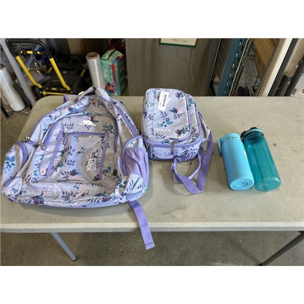 ROOTS BACKPACK AND LUNCHBAG, AND 2 THERMOFLASK WATER BOTTLES