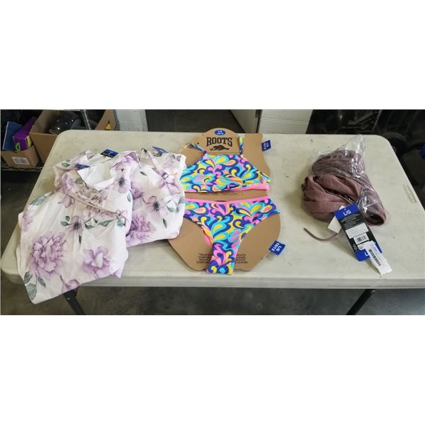 NEW ROOTS  2 PIECE BATHING SUIT SIZE L/G 10/12, AND NEW LADIES DRESS SIZE L/G  AND LADIES ACTIVE FUL