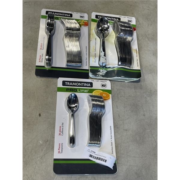 2 PACKS OF TRAMONTINA 36 PIECE TEASPOONS AND 1 PACK OF 36 TRAMONTINA FORKS