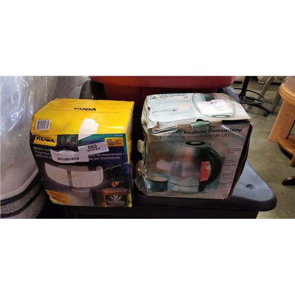 CHEFMAN GLASS KETTLE AND KODA UTILITY FLOODLIGHT, UNTESTED ONLINE RETURNS