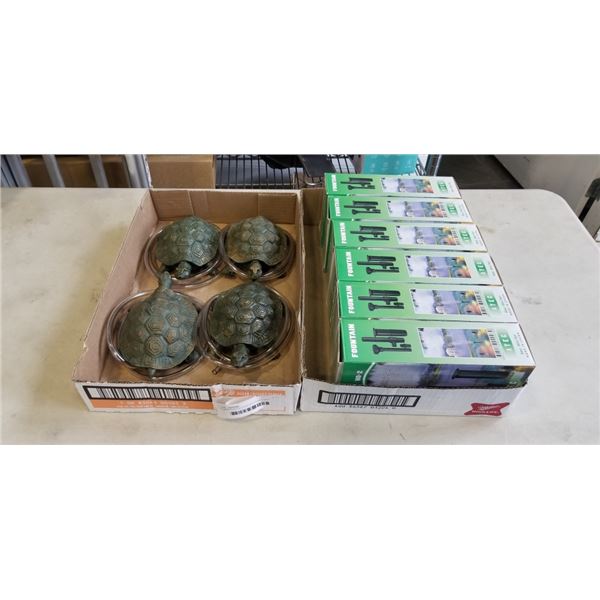 4 NEW TURTLE FOUNTAIN HEADS WITH HOSE AND TRAY OF NEW ATEC FOUNTAIN HEAD SETS