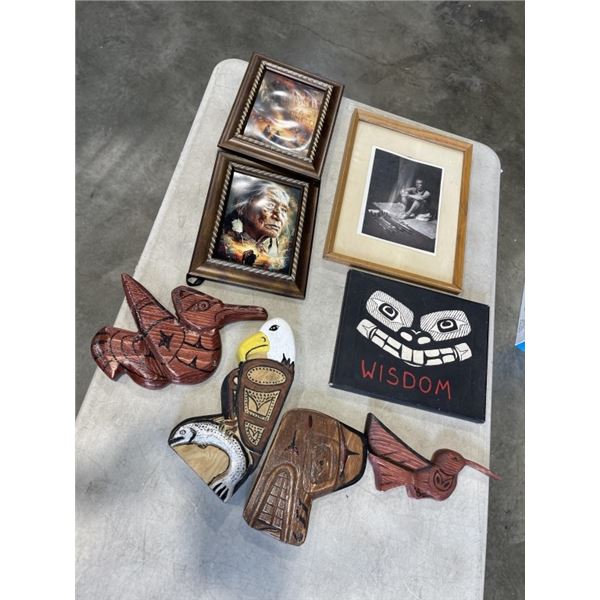 NATIVE WOOD CARVINGS, SMALL CANVAS AND A COUPLE NATIVE PRINTS