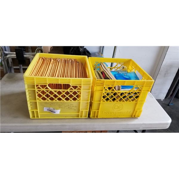 MILK CRATE OF BUBBLE ENVELOPES, AND MILK CRATE OF PHOTO ALBUMS, HORIZON NEWSPRINT RULED PAPER