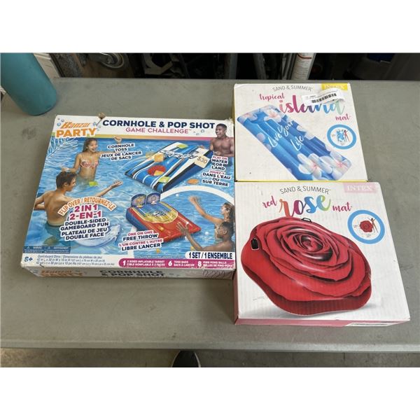 LOT OF INFLATABLES INCLUDING BANZAI CORNHOLE & POP SHOT GAME CHALLENGE , INTEX TROPICAL ISLAND MAT A