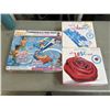 Image 1 : LOT OF INFLATABLES INCLUDING BANZAI CORNHOLE & POP SHOT GAME CHALLENGE , INTEX TROPICAL ISLAND MAT A