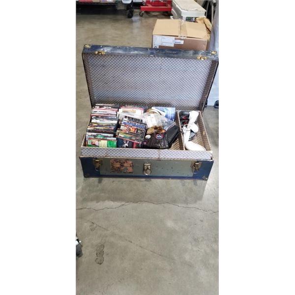 ANTIQUE SHIPPING TRUNK WITH ASSORTED DVDS AND CONTENTS