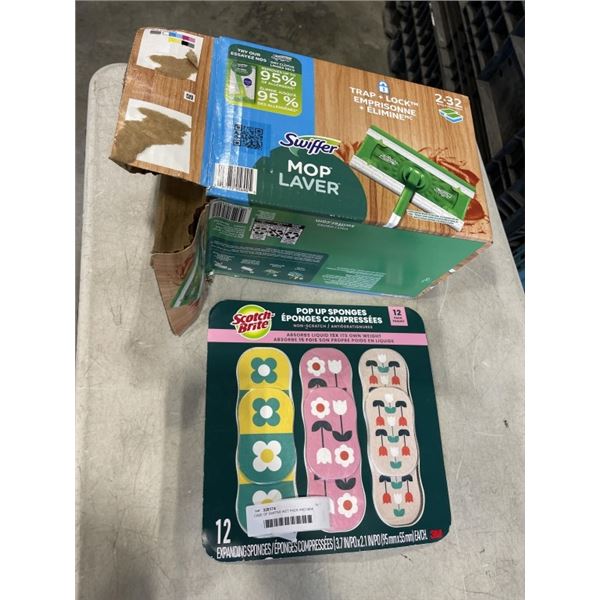 CASE OF SWFFER WET PADS AND NEW PACK OF SCOTCH-BRITE EXPANDING SPONGES
