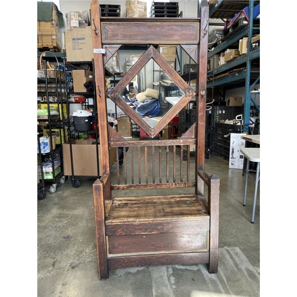 VINTAGE ENTRY BENCH W/ HOOKS, MIRROR, AND SEAT STORAGE