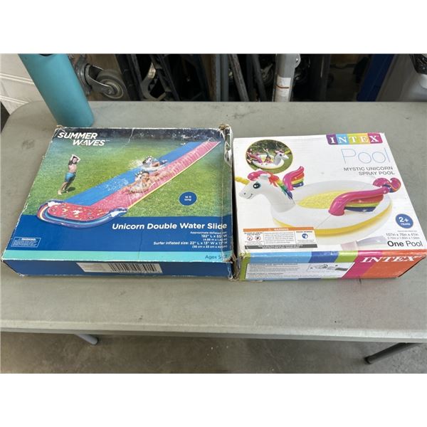 INTEX MYSTIC UNICORN SPRAY POOL AND SUMMER WAVES UNICORN DOUBLE WATER SLIDE