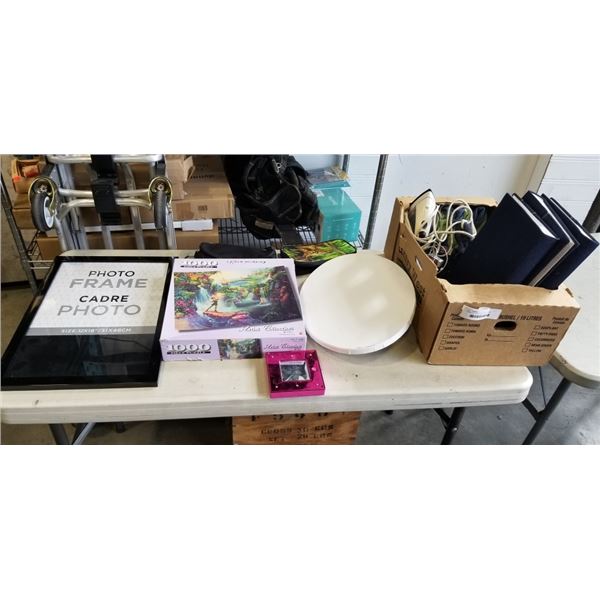 HAMMOCK, NEW PHOTO ALBUMS AND FRAMES,IRON AND ASSORTED HOUSEHOLD ITEMS