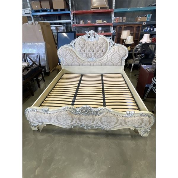 KINGSIZE TUFTED AND PADDED BEDFRAME, ORNATELY CARVED