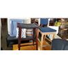 Image 1 : BACKLESS WOODEN COUNTER STOOL WITH FAUX-LEATHER SEAT AND OAK SITTING CHAIR WITH BLUE CUSHINS