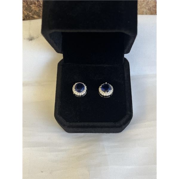 NEW S925 1.0CT EACH LAB CREATED BLUE SAPPHIRE HALO STUD EARRINGS, MOUNTED IN 925 STERLING SILVER W/ 