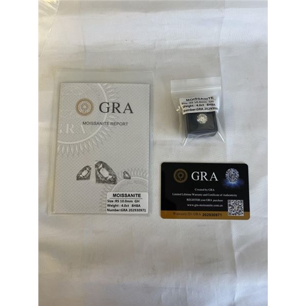 NEW 4.0CT MOISSANITE GEMSTONE, ROUND BRILLIANT CUT, GH-VVS1, GRA REPORT - RETAIL $1015