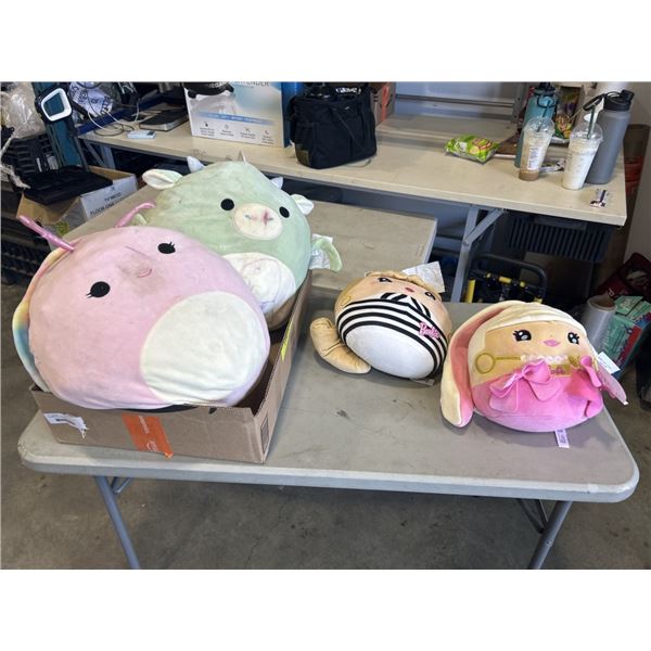 2 BARBIE PLUSHIES AND 2 SQUISHMELLOWS.
