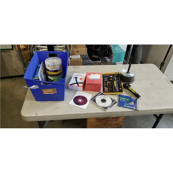 TOTE OF DVDRS, CDRS, COMPUTER ACCESSORIES, FLASHLIGHTS AND MORE