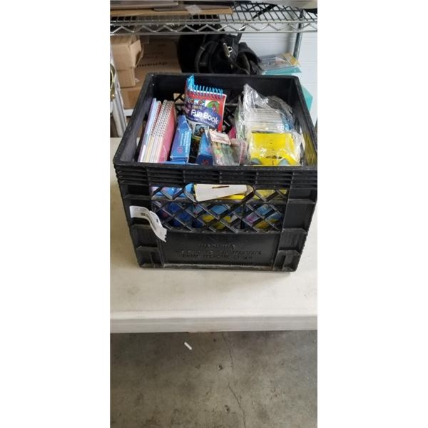 MILK CRATE OF OFFICE SUPPLIES INCLUDING NEW 32 PAGE EXERCISE BOOKS, BRILLIANCE COLOURED PENCILS, SEC