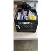Image 1 : MILK CRATE OF OFFICE SUPPLIES INCLUDING NEW 32 PAGE EXERCISE BOOKS, BRILLIANCE COLOURED PENCILS, SEC