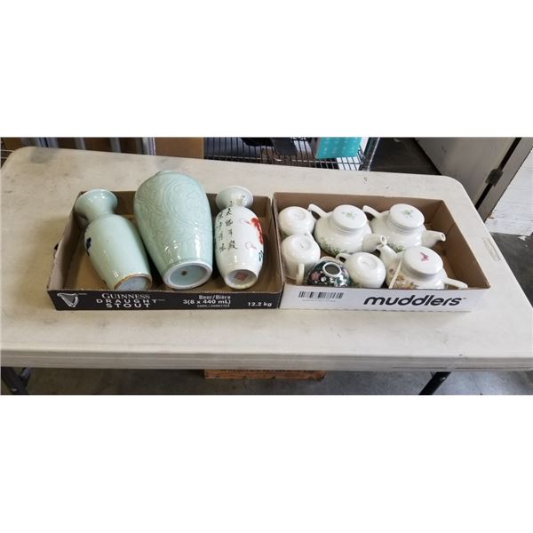 2 TRAYS OF NEW VASES AND TEAPOTS