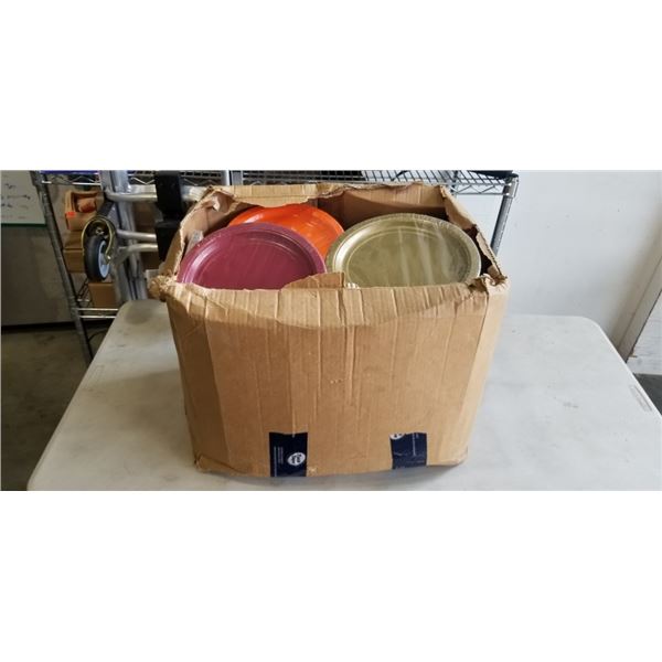 BOX OF PARTY SUPPLIES INCLUDING PAPER PLATES, NAPKINS, CUTLERY ETC