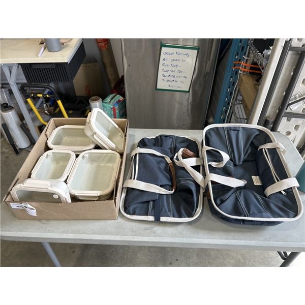 5 SAFDIE & CO FOOD STORAGE CONTAINERS AND 2 COLLAPSIBLE LUXE TOTES