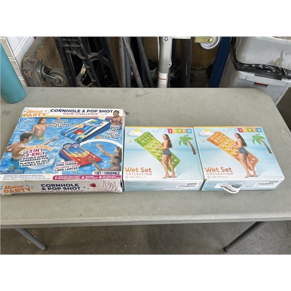 LOT OF INFLATABLES INCLUDING BANZAI CORNHOLE & POP SHOT GAME CHALLENGE AND 2 INTEX WET SET COLLECTIO