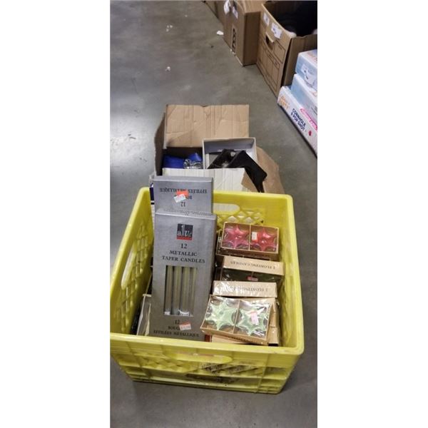 MILK CRATE OF CANDLES, AND BOX OF CANDLE HOLDERS