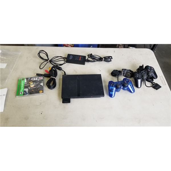 PLAYSTATION 2 SLIM BUNDLE WITH A POWER CORD, 2 CONTROLLERS, 1 GAME, MEMORY CARD, AV CABLEWORKING, GO